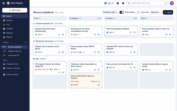 The board of a project in Dazr Projects, with issues grouped by epic