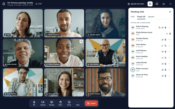 A meeting in Dazr Teams with nine people in a grid