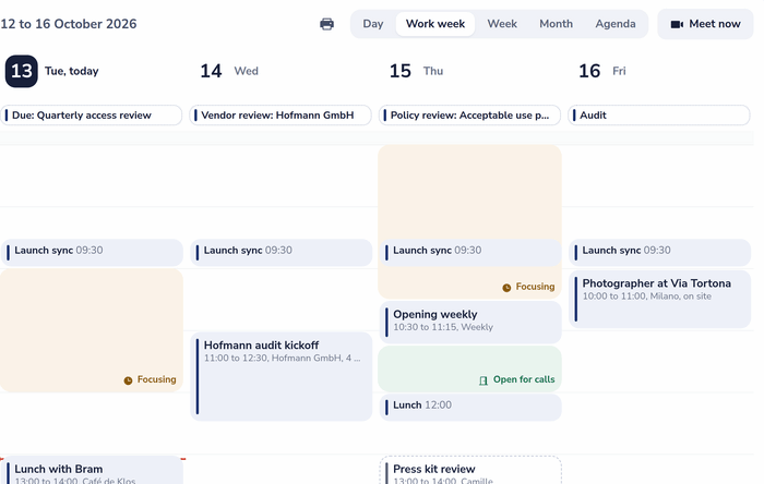 A work week in Dazr Calendar with focus time and hours open for calls