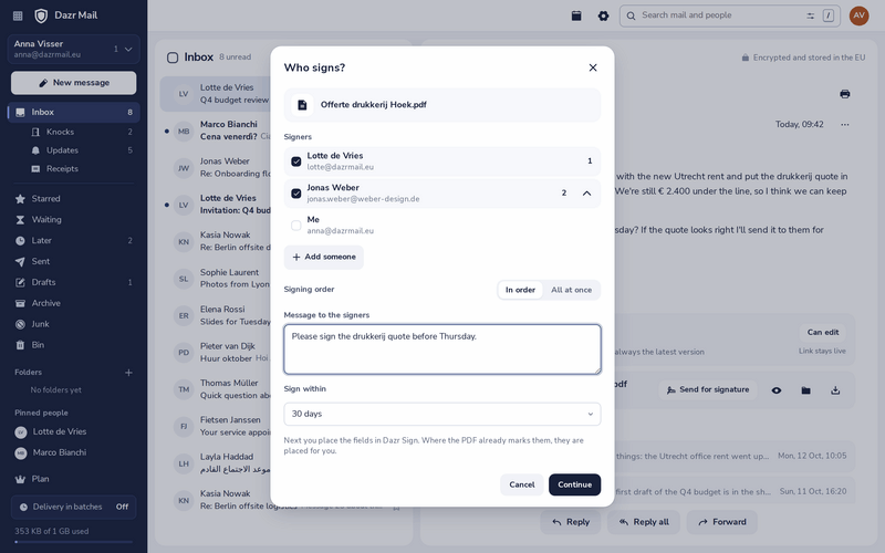 Choosing who signs a PDF and in which order, right from an email in Dazr Mail