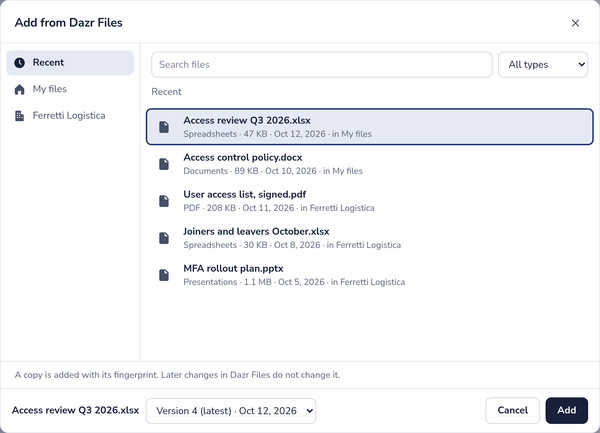 Choosing a spreadsheet and its version in Add from Dazr Files, to attach to a control as evidence